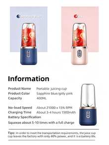 Gelas Juicer Portabel Nirkabel Kapasitas 400ml, Desain Tutup Ganda, Pisau Baja Tahan Karat 21000RPM, Sensor Keamanan Mati Otomatis, Mulai Sekali Sentuh, Material Berkualitas, Pengisian Daya USB, Cocok untuk Gym, Kantor, Aktivitas Luar Ruangan, dan Minuman Jus Segar Sehari-hari - MultiWarna - View 12