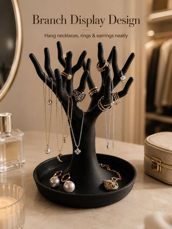Tree Branch Shaped Jewelry Display Stand Black Resin Necklace Ring Earring Storage Rack Desktop Jewelry Tree Storage Rack With Base Decorative Vanity Tabletop Jewelry Organizer