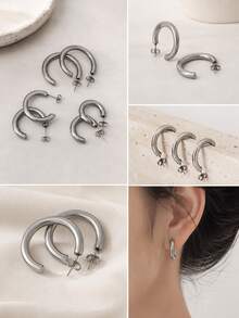 3 Pairs C-Shaped Minimalist Stainless Steel Earrings, Suitable For Women's Daily, Party, Commute Wear, Holiday Gift, Top Choice Gift For Her, Halloween Women's Accessory - Silver - View 3