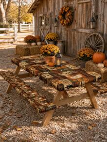1/3pcs-Stretch Fitted Halloween Picnic Table & Bench Cover Set, Vintage Plaid Patchwork Tablecloth With Ghost Pumpkin Bat Skeleton Print, Spooky Trick Or Treat Decor, Rectangular Elastic Table Cover For Backyard, Outdoor Halloween Party Decor - Multicolor - View 9