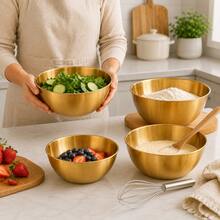 3pcs Stainless Steel Mixing Bowls Set, Suitable For Kneading Dough, Salad, Cooking, Kitchen Utensils - Gold - View 6