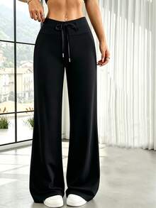 1pc Women's Solid Color Straight Leg Pants, With Drawstring And Elastic Waist Design, Suitable For Indoor/Outdoor Sports, Fitness And Daily Casual Wear - Black - View 3