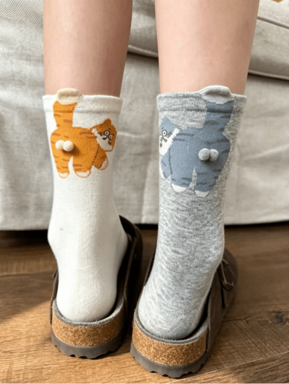 3 Pairs Random Cute Cat, Egg And Bell Pattern Fun Socks, Suitable For Autumn/Winter, Christmas, Back To School, Perfect As Gifts, Unisex Mid-Calf Socks