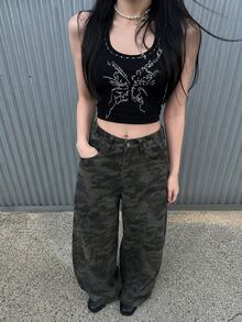 Celana Jeans Wanita Model Retro Kasual Longgar Motif Kamuflase Kaki Lebar untuk Musim Semi dan Gugur - kamuflase hijau militer - View 1