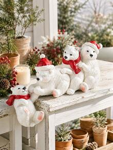 1件裝聖誕北極熊置物架裝飾品，樹脂白色熊家庭小雕像配紅色圍巾，冬季桌面裝飾，適用於壁爐架、壁爐、置物架、玄關，節日禮物創意，花園戶外裝飾，花園飾品，花園雕像 - C - 查看 3