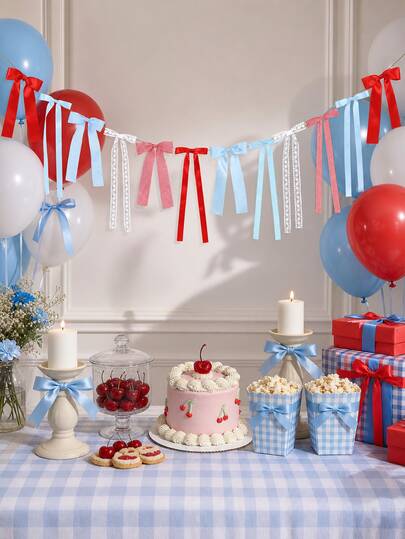 Cherry Blue Gingham Bow Garland Red Blue Gingham Bow Banner Decor For Cherry Birthday She's Ready To Pop Baby Shower Cherry On Top Theme Party Decor