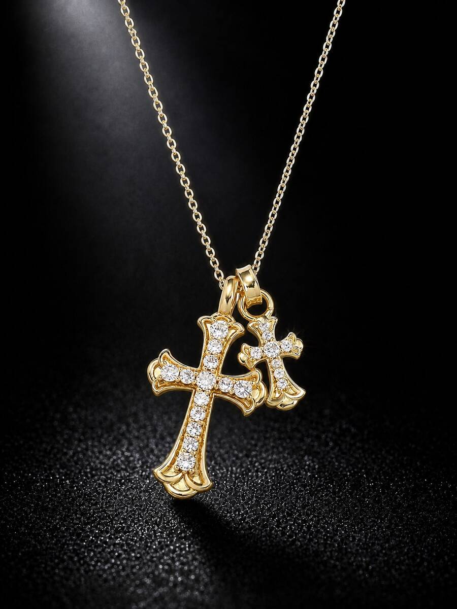 1pc Stainless Steel Double Cross Necklace Gold & Silver Personalized ...