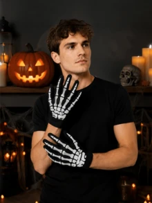 Gants de squelette d'Halloween noirs, gants de costume de fête, convenant pour Halloween et le déguisement - A - Voir 2