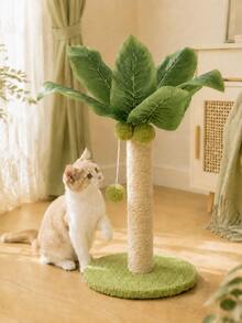Sisal Cat Scratching Post For Indoor Cats, Cute Coconut Tree-Shaped Vertical Cat Scratcher With Hanging Plush Ball Toy & Stable Round Base, Interactive Cat Toy For Claw Care, Exercise And Furniture Protection, 1PC - Green - View 1
