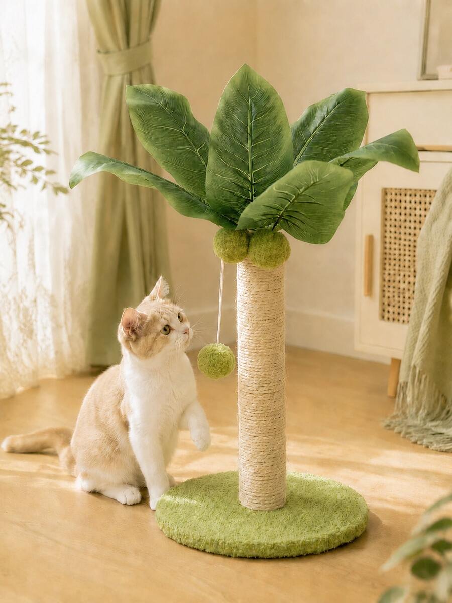 Sisal Cat Scratching Post For Indoor Cats, Cute Coconut Tree-Shaped Vertical Cat Scratcher With Hanging Plush Ball Toy & Stable Round Base, Interactive Cat Toy For Claw Care, Exercise And Furniture Protection, 1PC - Green - View 1