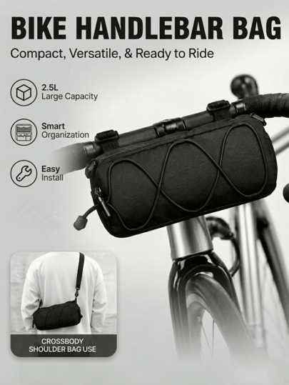 Large-Capacity Adjustable Bicycle Handlebar Bag – Multi-Compartment Front Frame Bag With Handlebar Mount, Featuring A Stylish Cylindrical Design And An Elastic System For Storing Cycling Essentials.