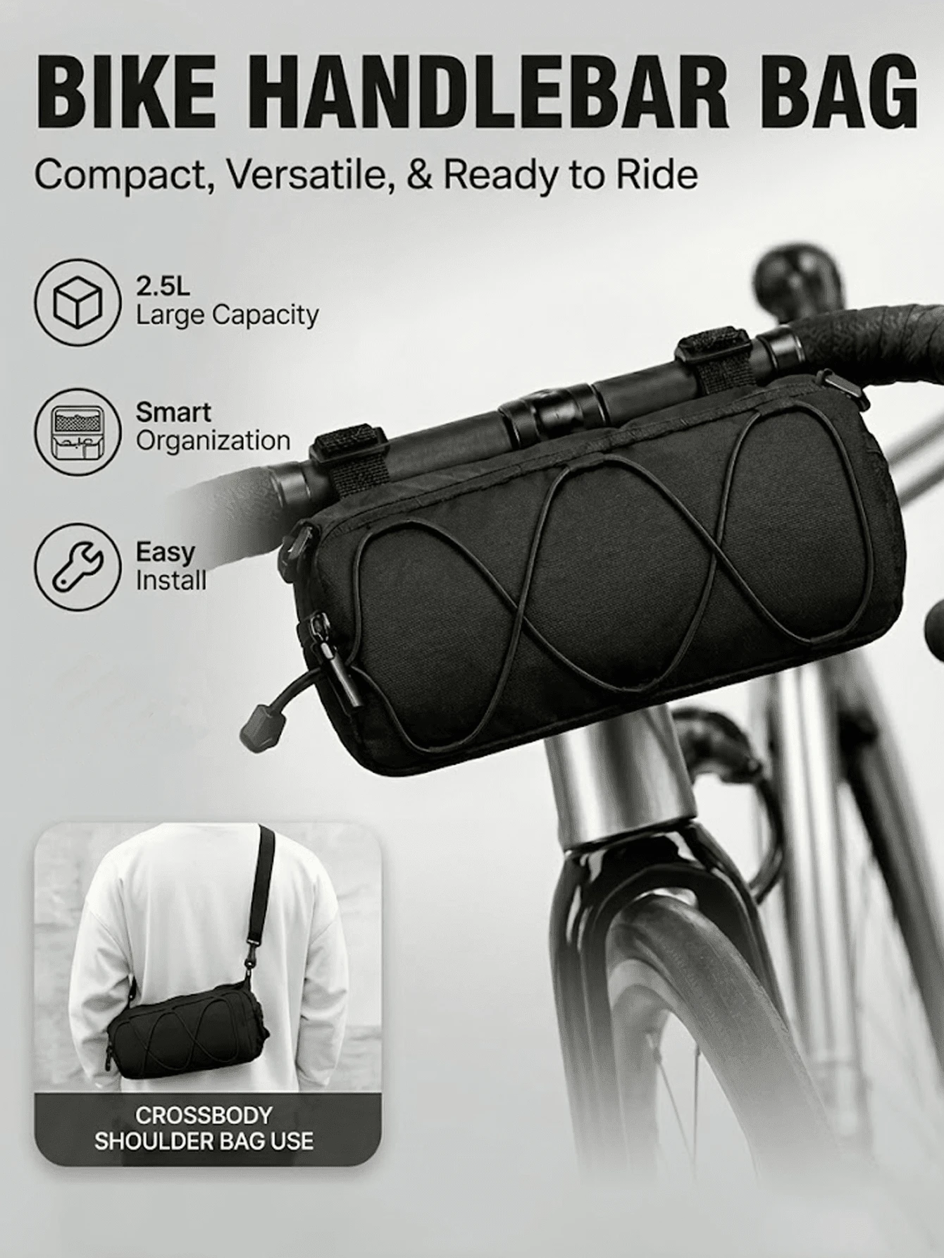 Large Capacity Adjustable Bicycle Handlebar Bag, Multi-Compartment Front Frame Bag With Handlebar Mount, Stylish Cylindrical Design, Elastic Storage System For Cycling Essentials - Multicolor - View 1