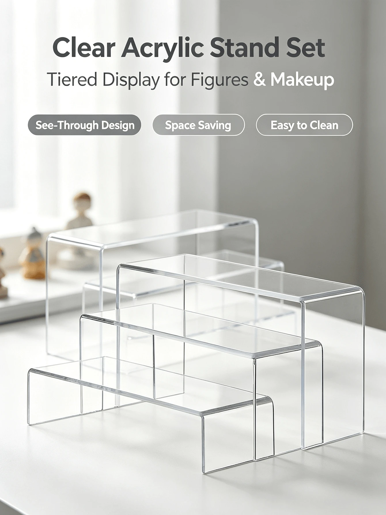 Acrylic Display Riser Stand Set, Clear Layered Display Shelf, Multifunctional Desktop Organizer, Non‑Slip Collectibles Showcase For Cosmetics, Figurines, Tabletop Home Decor