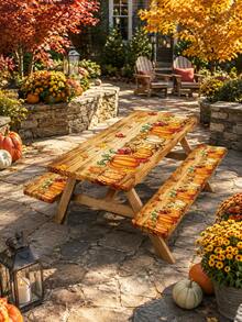 1/3pcs-Fall Stretch Fitted Picnic Table Cover And Bench Coverset, Rustic Wood Grain Pumpkin Maple Leaf Print SRectangular Tablecloth, Harvest Thanksgiving Decor For Patio Backyard Outdoor Autumn Dinner Party - Multicolor - View 3
