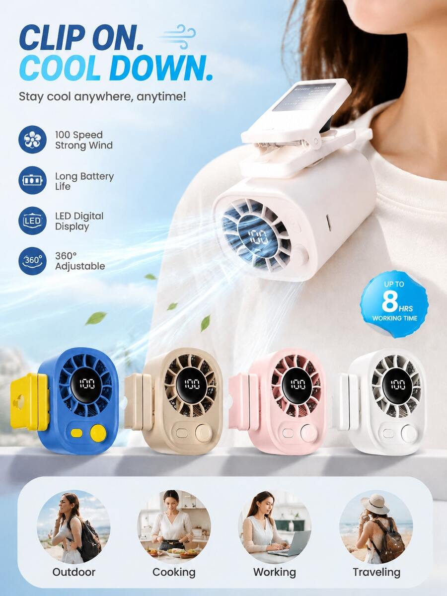 YAIUZGOO Car Clip-On Fan With LED Display, Smart Clip-On Fan, 100-Speed Adjustable, Rechargeable, Multi-Function Personal Airflow, Suitable For Office, Car, Under Umbrella And Travel