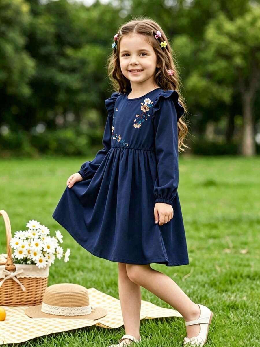 Girls' Navy Blue Floral Print Long Sleeve Dress, Ruffle Shoulder Puff Sleeve A-Line Casual Dress, Suitable For School, Daily Wear And Outdoor Activities - Navy Blue - View 1