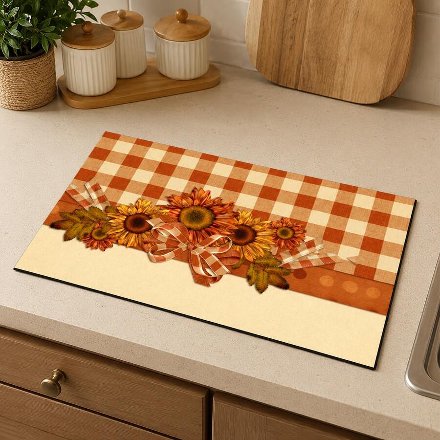 Vintage Floral Plaid Pattern Printed Drainage Mat/Absorbent Mat/Drying Mat For Coffee Machine And Tableware - Absorbent Polyester Desktop Protector With Rubber Non-Slip Backing, For Kitchen Countertop Decoration - Home, Bar And Dining Table Placemat - Multicolor - View 1