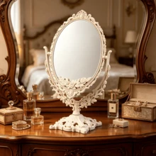 Vintage Oval Desktop Makeup Mirror, White Carved Decorative Vanity Mirror, 360° Rotating Double-Sided Tabletop Makeup Mirror, Suitable For Bedroom Vanity, Bathroom Decor - Apricot - View 6