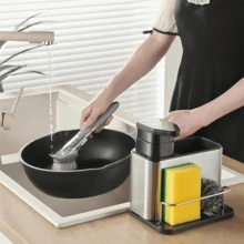3-In-1 Multifunctional Soap Dispenser & Sponge Holder Sink Organizer Tray - Freestanding Countertop Storage Box With Pump Head, Durable Stainless Steel Material, Suitable For Kitchen And Bathroom Sinks | No Electricity Required | Space-Saving Design | Ideal For Dishwashing And Hand Cleaning Supplies - View 7