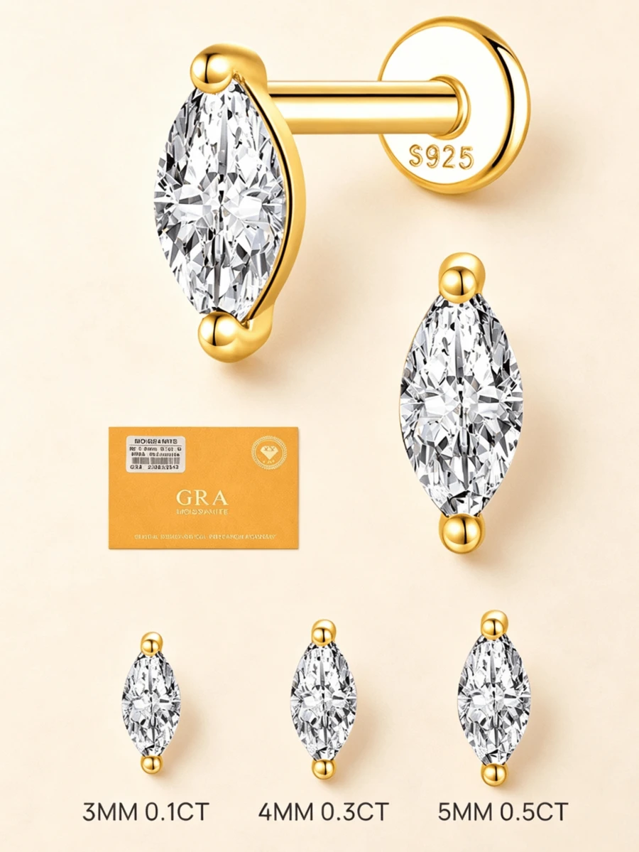 1件莫桑石耳釘 中性款 0.03-0.3CT S925純銀 低過敏耳環 婚禮珠寶 D色 VVS1淨度 - 金色 - 查看 1
