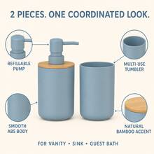 This 2 Pieces Bathroom Accessory Set Creates A More And Coordinated Visual Effect For Your Sink Area. The Set Includes A Refillable Pump Soap Dispenser And A Matching Open-Top Rinse Cup, Both In A Soft Grey-Blue Tone. The Soap Dispenser Features A Natural Bamboo Lid For A Warm Visual Contrast, And The Smooth ABS Material Body Gives The Overall Design A Minimalist, Fresh, And Modern Look. The Soap Dispenser Can Hold Hand Soap Or Hand Lotion. - Blue - View 4