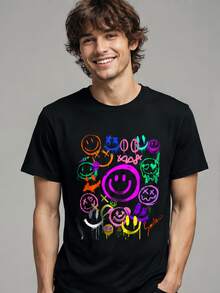 Lokale Lager,Marque,Smile Face Emoticons Fun Vivid Graffiti  Face Graphic T-Shirt - 黑色 - 查看 3