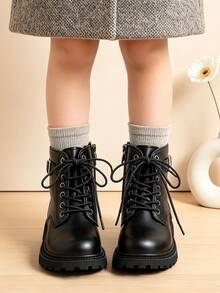 1 Pair Kids' Minimalist Round Toe Boots, Side Zipper Cargo Style Style Ankle Boots, Suitable For Daily Wear, Outdoor Activities, All-Season Versatile - Black - View 3