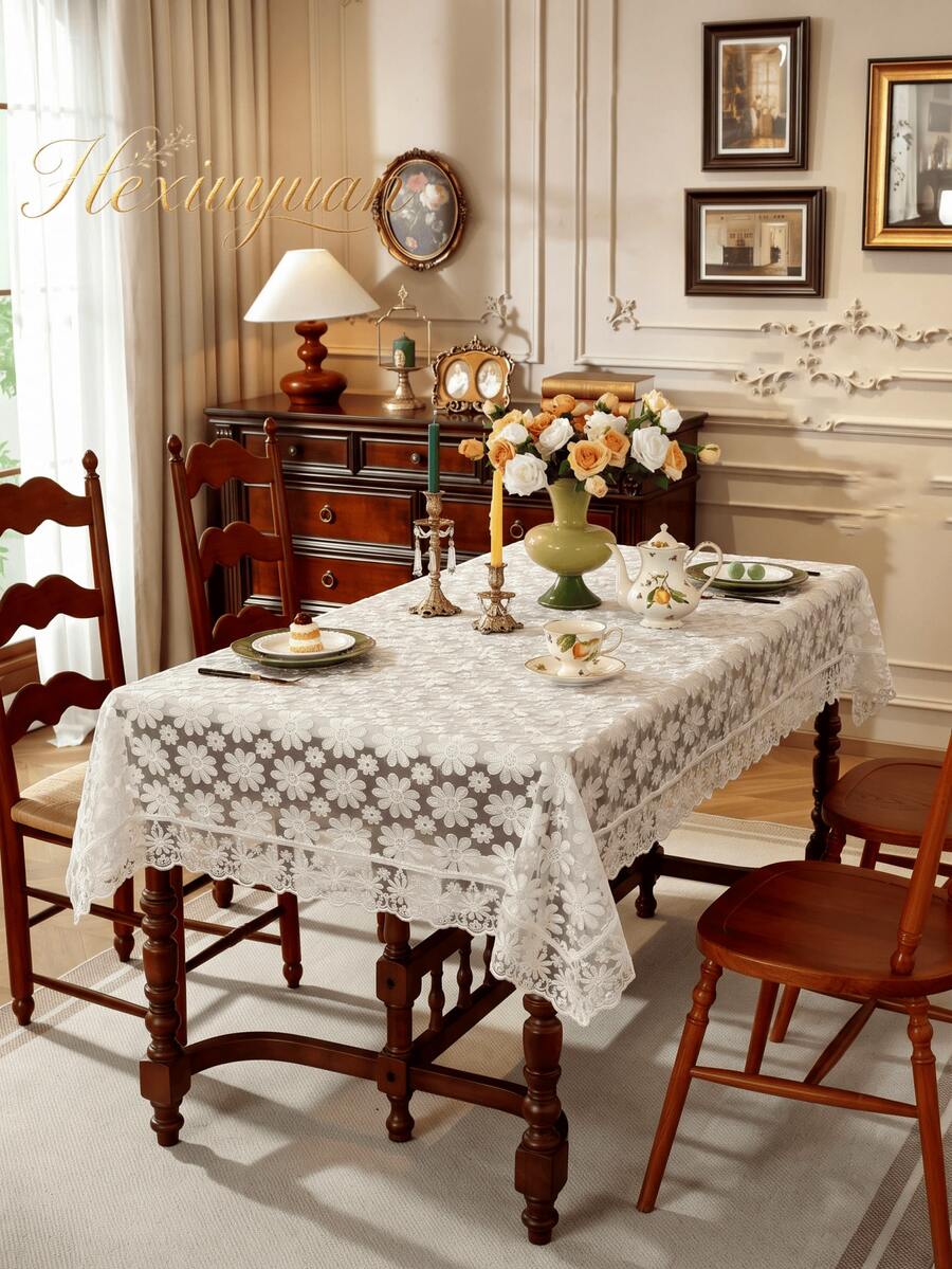 HXARTMIS 1PC White Daisy Embroidered Lace Tablecloth, Semi-Transparent Mesh Floral Table Cover, Hollow Wave Edge Dining Table Runner, Suitable For Dining Table, Coffee Table, Home Decor - White - View 1