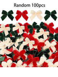 50/100/200pcs Mini Christmas Velvet Bow, Red, Green, Cream | Christmas DIY Crafts, Small Christmas Ribbon Bow, Christmas Tree Decorations Sewing Scrapbook Gift Packaging - Three-color Bow - View 7
