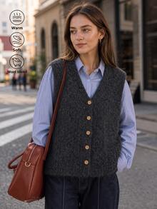 Women's Autumn Casual Minimalist V-Neck Knit Cardigan Vest, Wool Blend Fall - Dark Grey - View 1