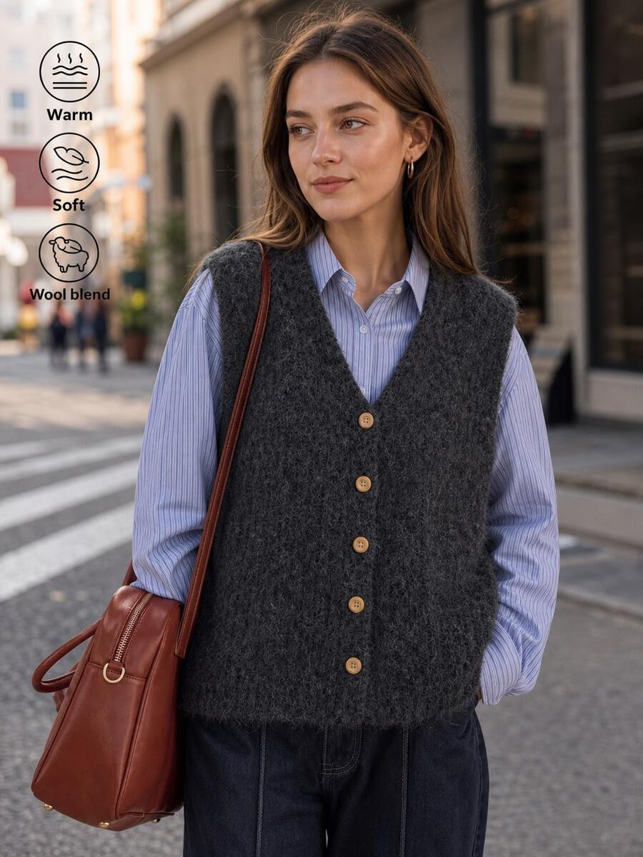 Women's Autumn Casual Minimalist V-Neck Knit Cardigan Vest, Wool Blend Fall - Dark Grey - View 1