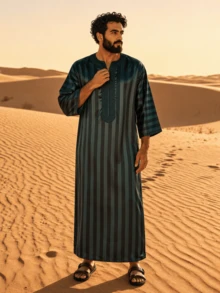 Disqoir Men's Embroidered Arabian Youth Abaya Robe, Casual Loose Fitting Green Robe - Dark Green - View 1