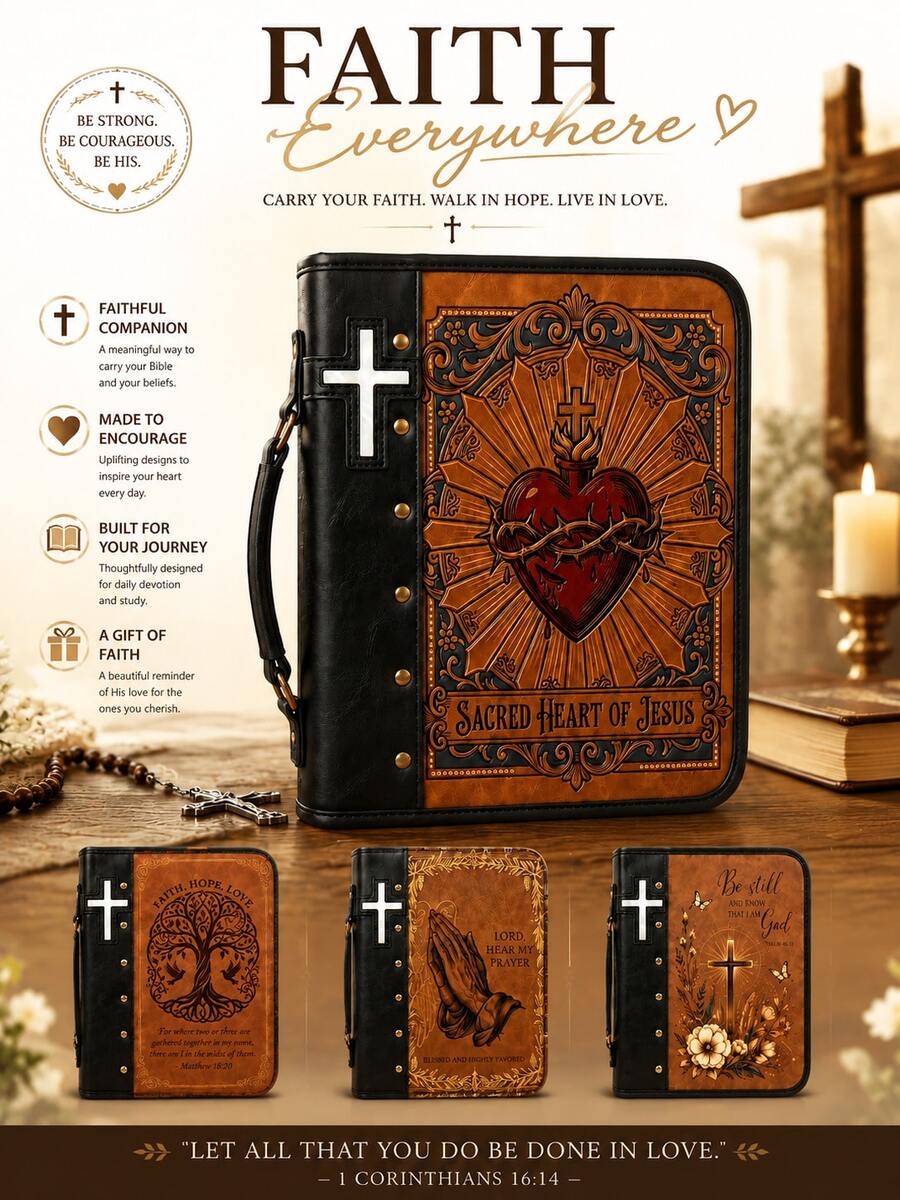 4 Designs Optional Sacred Heart Of Jesus Bible Cover Case For Men Women, Vintage Tree Of Life Praying Hands Cross Zippered Bible Carrying Bag With Handle, Church Study Organizer Gift - View 1