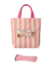 Set Tas Bekal Kanvas Bergaris + Tas Penyimpanan Peralatan Makan, Ringan, Dapat Dilipat, Mudah Dibersihkan, Untuk Kerja, Perjalanan, Bekal Sekolah, Piknik, Bepergian, Pekerja Kantoran, Pelajar, Komuter, Kembali ke Sekolah, Perlengkapan Perjalanan, Hadiah Ulang Tahun - MultiWarna - View 12