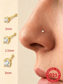 1件 2mm-3mm 925純銀直棒 L型鼻環，中性穿刺飾品，低過敏唇釘式推入式耳環 - 金色 - 查看 1