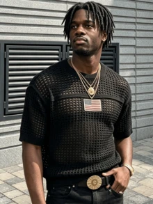 ANDREILEE Men's Knitted Top, Neutral Casual Street Style, American Flag Hollow Out Semi-Sheer Short Sleeve Loose Crew Neck Pullover T-Shirt, Spring/Summer - Black - View 3