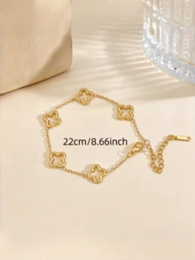 3pcs/1pc 18K Gold Plated Clover & Flower Pattern Stainless Steel Stackable Bracelet, Suitable For Women's Daily Wear, Work Occasions Or Casual Occasions - Gold - View 7