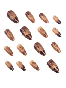 24片深棕色秋季穿戴式假指甲，中長杏仁形，亮面貓眼楓葉設計，不對稱橘棕漸層，高光亮片飾面，適合秋冬日常配戴 - 棕色 - 查看 2