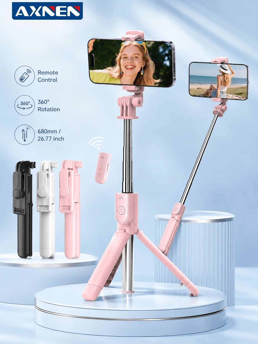 AXNEN 68cm/26.77in Extendable Selfie Stick Tripod With Wireless Bluetooth Remote, 360° Rotating Phone Holder, Portrait/Landscape Shooting, Foldable Anti-Slip Design, For Travel, Selfies, Vlog, Live Streaming And Video Recording - Multi-color - View 1