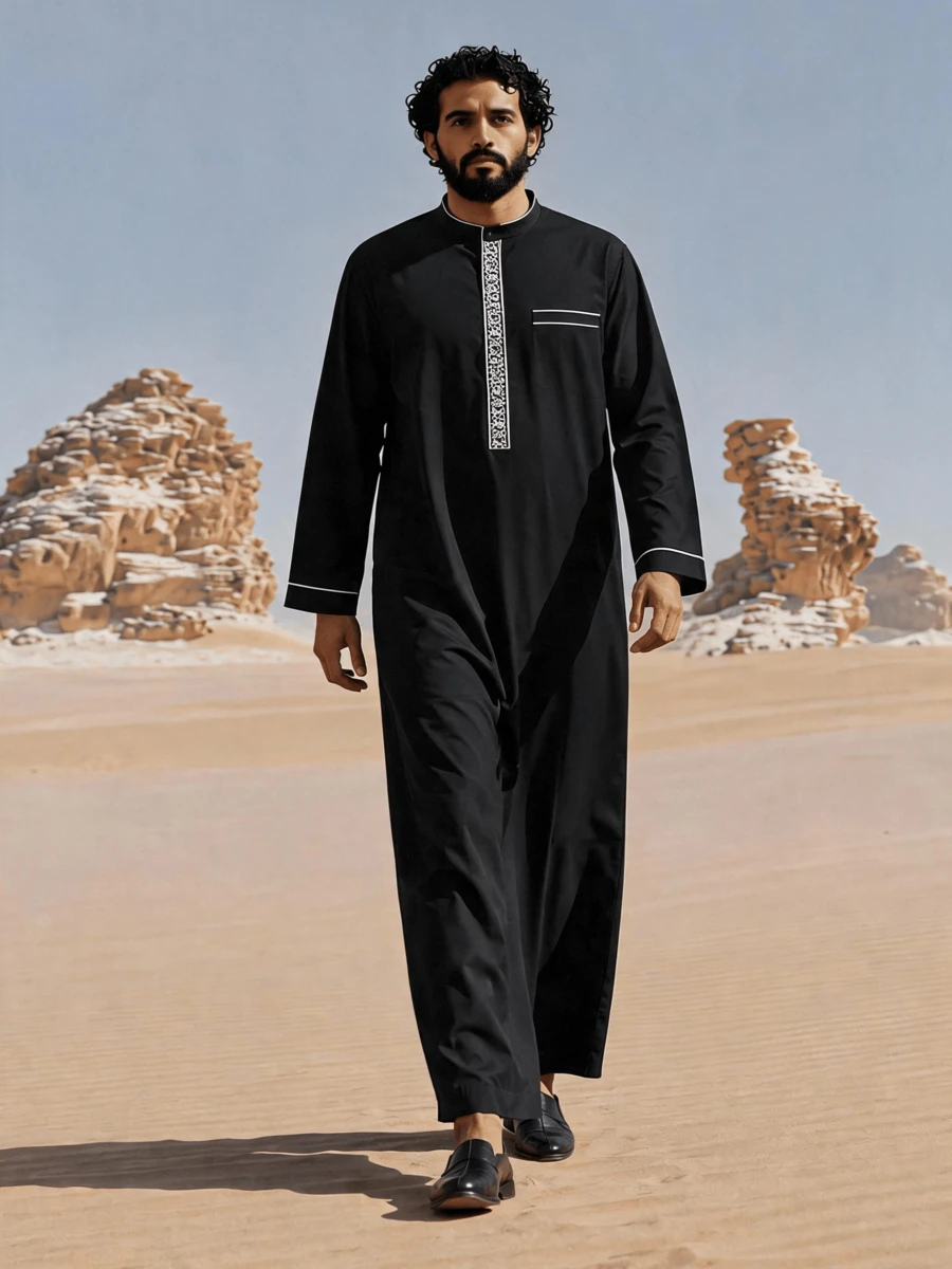 Disqoir Islamic Muslim Arabic Men's Robe Long Sleeve Embroidered Stand Collar Arabian Thobe For Men - Black and White - View 1