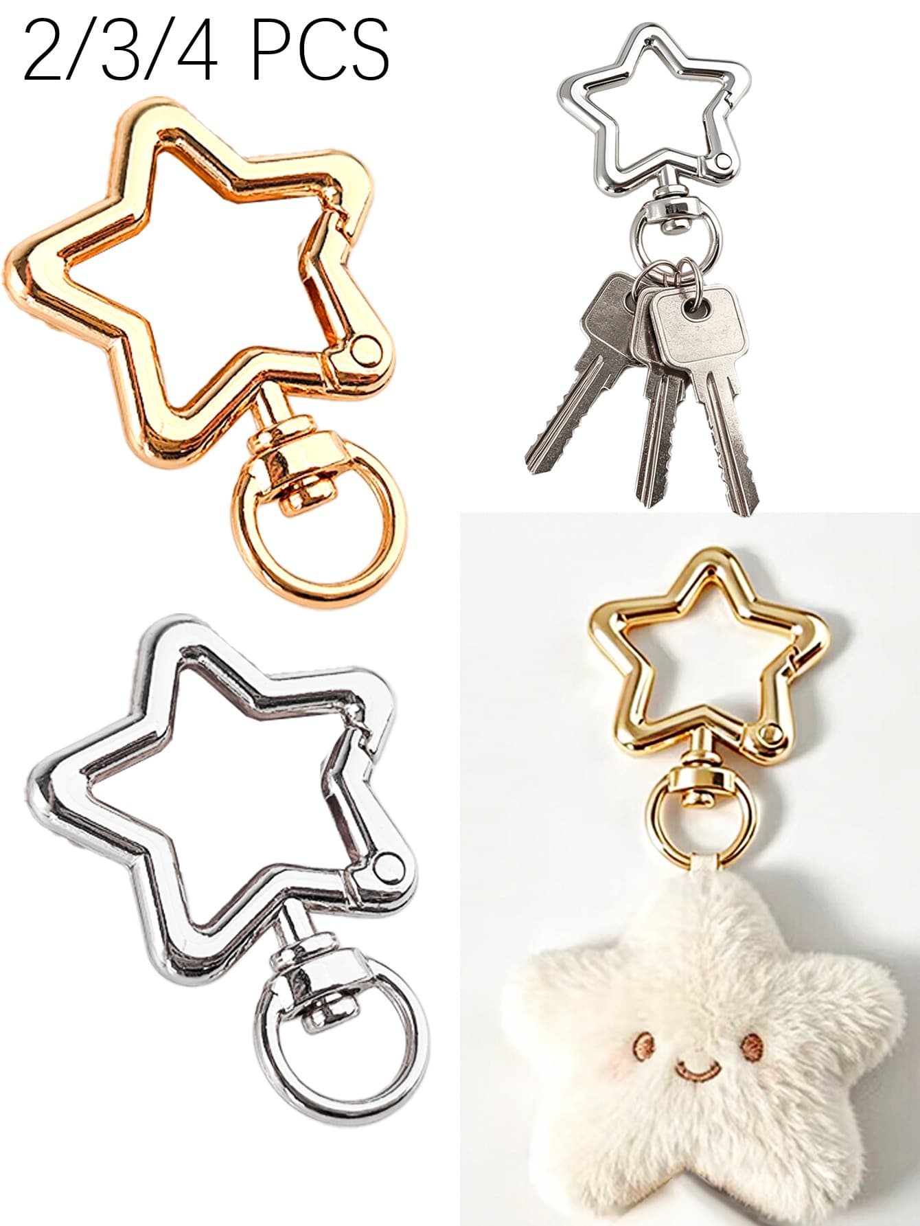 2/3/4pcs Rotating Star Keychain Zinc Alloy Bag Hardware Spring Buckle Metal Ring Open Spring Loop, Perfect For DIY, Jewelry Metal Keychain Metal Shape Spring Buckle, Outdoor Metal Keychain Key Chain Bag Clip Hook Dog Chain Buckle Suitable For Phone Bag Keychain Hook Bag Clip, Handmade DIY Accessories, Halloween, Christmas - Multicolor - View 1