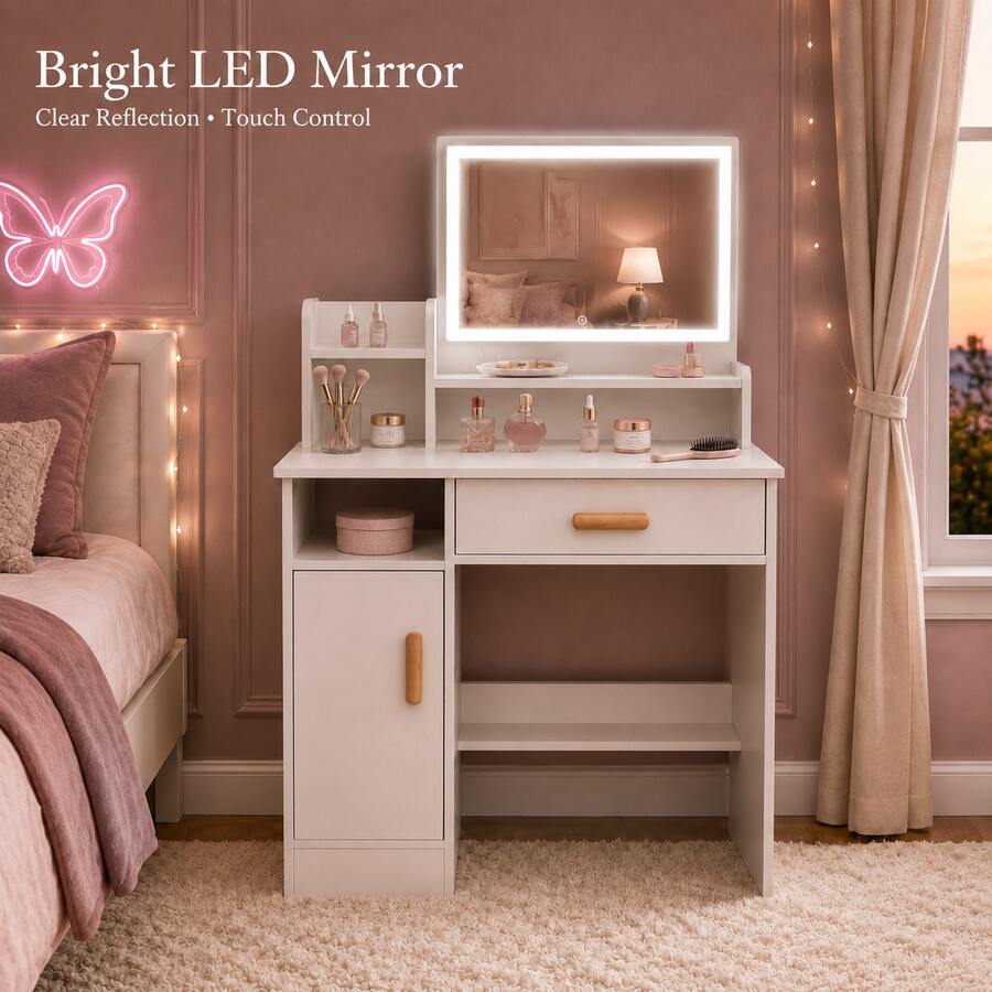 White Makeup Vanity Desk With LED Mirror, 3-Level Adjustable White Light & Touch Control, Spacious Drawer, Open Shelves And Side Cabinet With Removable Shelf, Compact Dressing Table For Bedroom, USB Powered - White - View 1