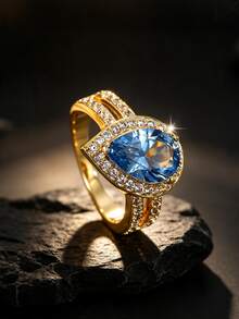 Copper Plated 18K Gold Women's Double Band Ring, Pear-Shaped Blue Cubic Zirconia Surrounded By White Cubic Zirconia, Simulated Aquamarine Luxury Elegant Jewelry, Suitable For Engagement, Evening Party, Wedding, Romantic Gift Ring For Women - Gold - View 2
