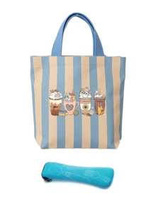 Set Tas Bekal Kanvas Bergaris + Tas Penyimpanan Peralatan Makan, Ringan, Dapat Dilipat, Mudah Dibersihkan, Untuk Kerja, Perjalanan, Bekal Sekolah, Piknik, Bepergian, Pekerja Kantoran, Pelajar, Komuter, Kembali ke Sekolah, Perlengkapan Perjalanan, Hadiah Ulang Tahun - MultiWarna - View 14