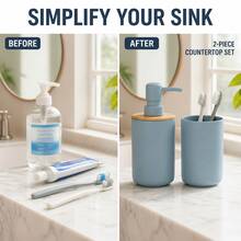 This 2 Pieces Bathroom Accessory Set Creates A More And Coordinated Visual Effect For Your Sink Area. The Set Includes A Refillable Pump Soap Dispenser And A Matching Open-Top Rinse Cup, Both In A Soft Grey-Blue Tone. The Soap Dispenser Features A Natural Bamboo Lid For A Warm Visual Contrast, And The Smooth ABS Material Body Gives The Overall Design A Minimalist, Fresh, And Modern Look. The Soap Dispenser Can Hold Hand Soap Or Hand Lotion. - Blue - View 5