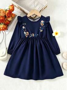Girls' Navy Blue Floral Print Long Sleeve Dress, Ruffle Shoulder Puff Sleeve A-Line Casual Dress, Suitable For School, Daily Wear And Outdoor Activities - Navy Blue - View 5