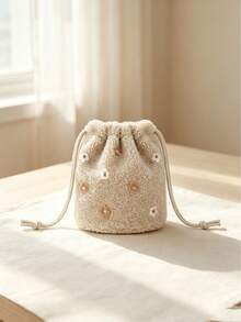 1pc Faux Lamb Fur Drawstring Bucket Bag With Flower Plush Design, Handheld Storage Pouch - Plush - View 8
