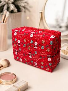 Christmas Quilted Makeup Bag, Festive X‑Mas Print Zipper Cosmetic Pouch, Portable Travel Toiletry Storage Bag For Holiday Gift - Multicolor - View 4