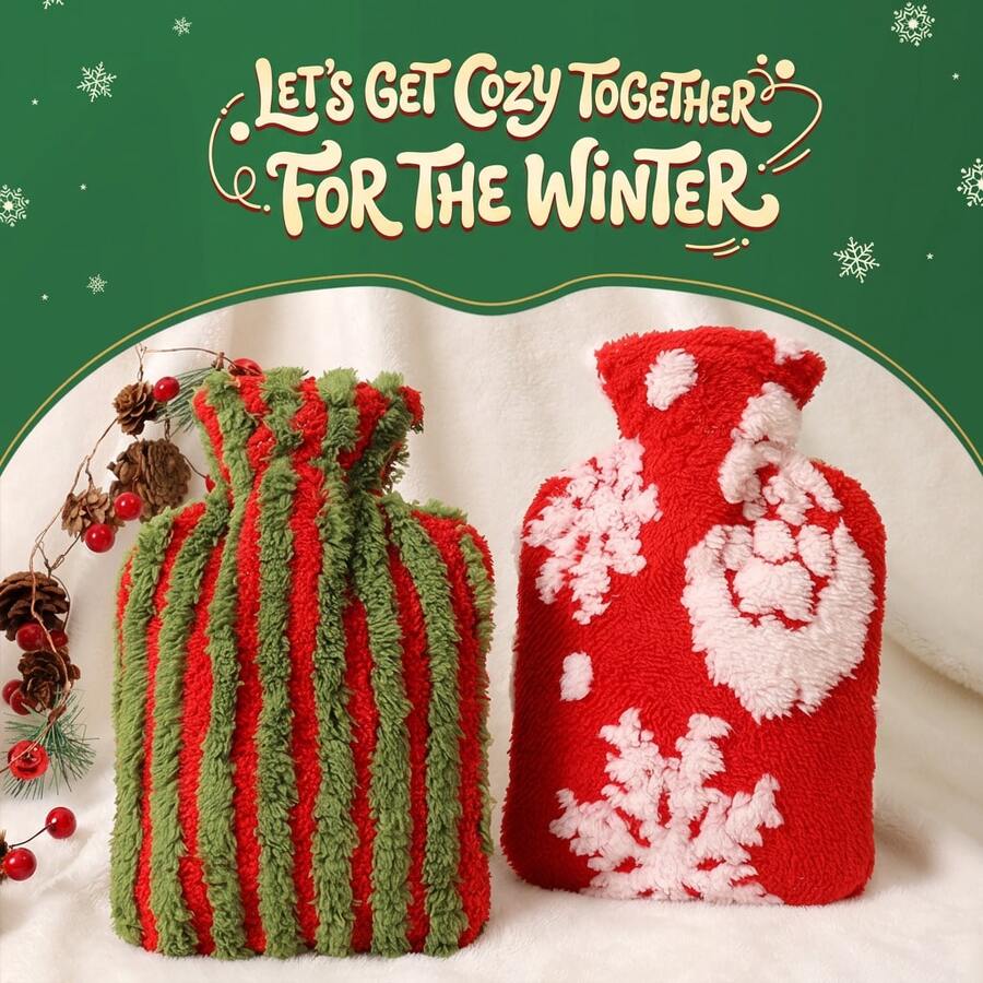 1pc Christmas Hot Water Bottle, Holiday Snowflake Striped Plush Cover Warm Water Bag, Thickened Explosion-Proof Leak-Proof Fillable Heating Bag, Portable Hand & Belly Warmer For Home Use In Autumn/Winter - Christmas Hot Water Bottle - View 1