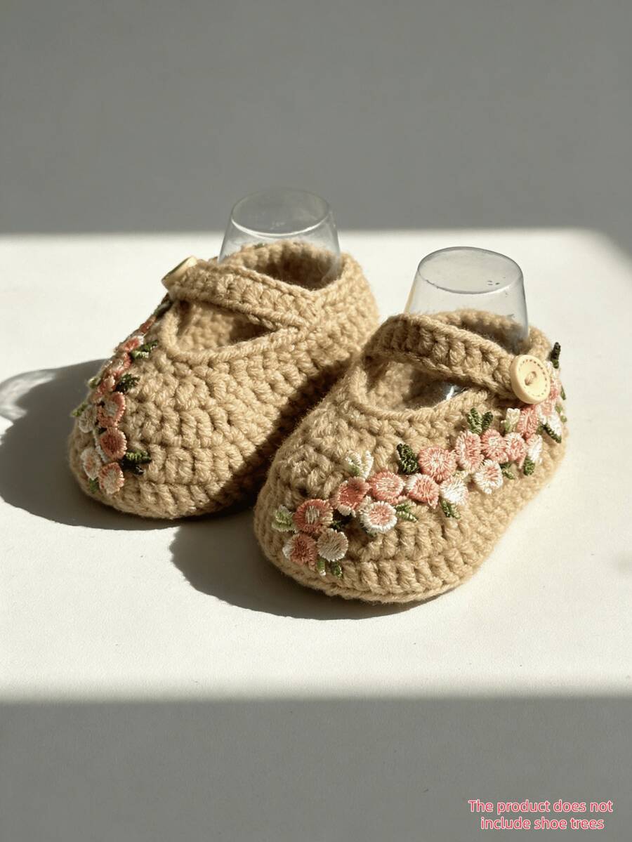 1 Pair Handmade Crochet Infant Shoes, Beige With Floral Embroidery, Mary Jane Style, Button Strap - Khaki - View 1